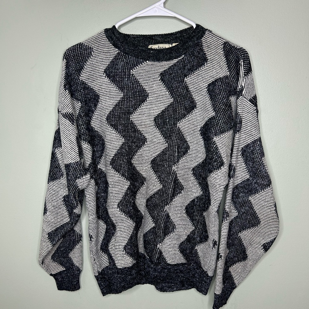 Men's vintage Santana medium grey and black knit zig zag sweater